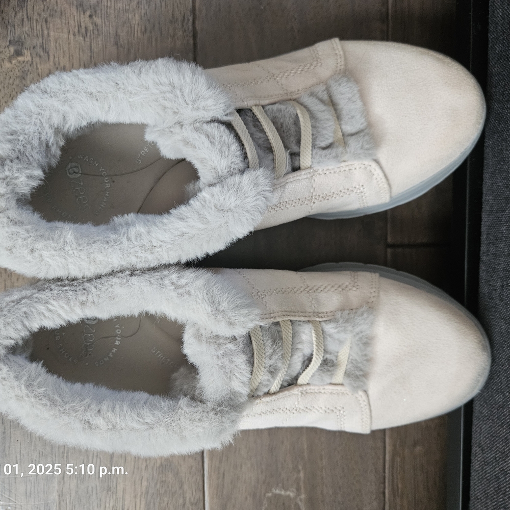 Bzees Cream and Gray Faux Fur Sneakers